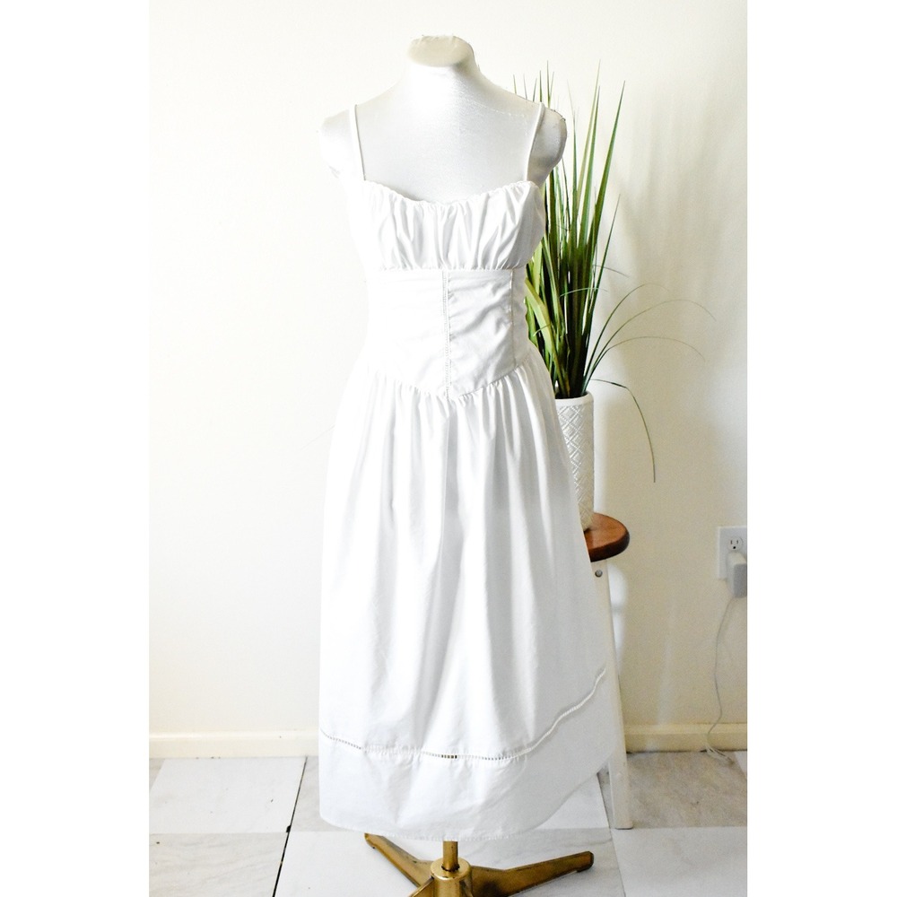 A New Day Midi Dress Womens Medium White Modern Cottagecore Eyelet Trim Smocked